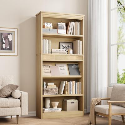 Garvee "71"" Tall Bookcase w/Double Fluted Design, 5 Tier Vintage Bookshelf with Wooden Base, Wooden Bookshelf"