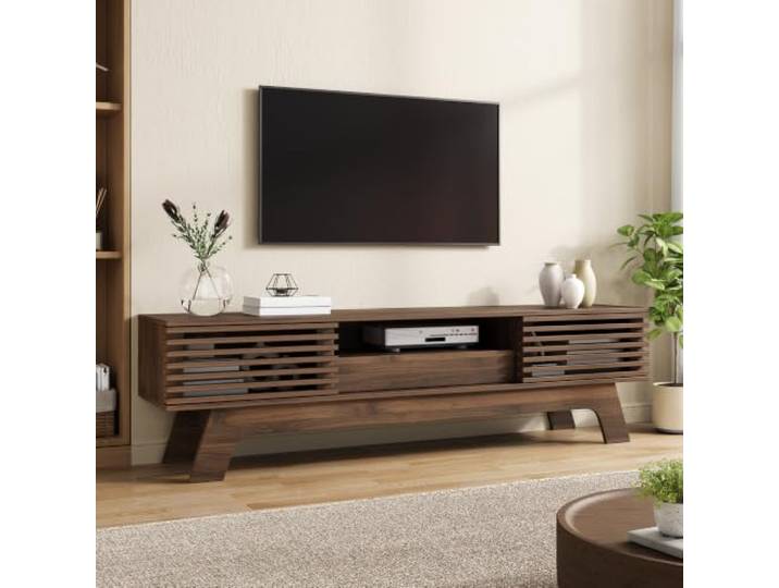 BXEYXE TV Lowboard Fernsehschrank TV Board Fernsehtisch MDF Lamellentüren Schublade Kabeldurchlass Wohnzimmer