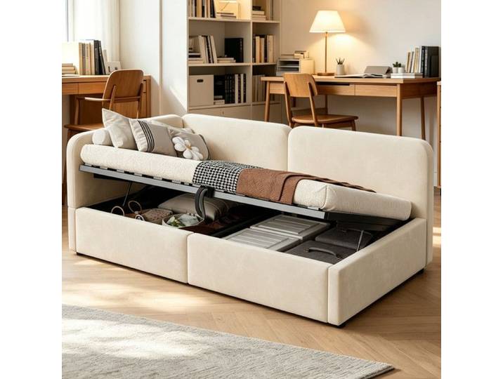 Bladez - Lit enfant 90x200 cm - Lit coffre avec dossier - Lit rembourré - Convient aux enfants et aux adultes - Beige