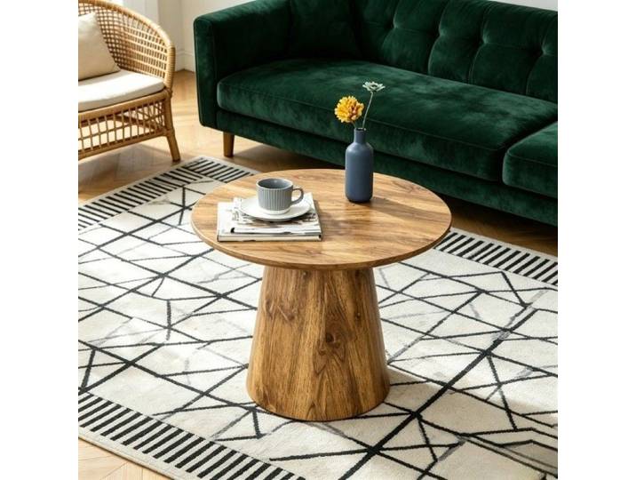 Table basse ronde - Diamètre 50 cm - Hauteur 48 cm - Aspect bois naturel - Plateau MDF - Feuille décorative en bois