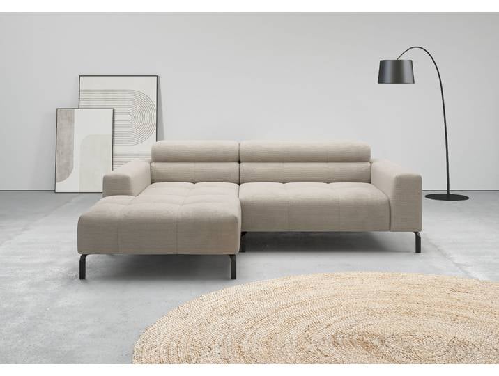 Ecksofa, Feincord, Sand, 223×179 cm, Elektrisch Verstellbar, Modern, Home-affaire
