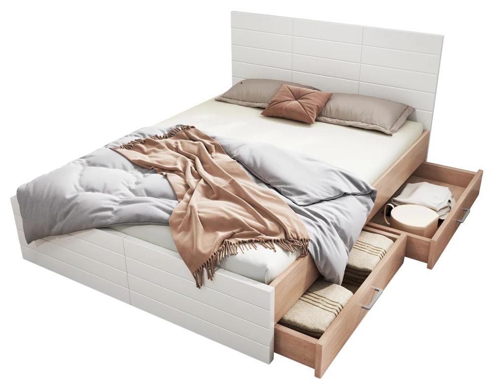 Doppelbett - Bettrahmen - 160 x 200 cm - Weiß + Helle Eiche - Massivholz/MDF - Lattenrost - 2 Schubladen - Matratze nicht enthalten
