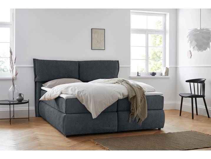 Boxspringbett, Struktur Stoff, Blau, 188×225 cm, Mit Topper, Modern, andas