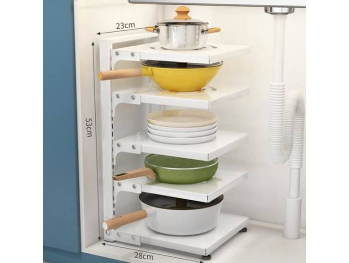 Etagère de Cuisine Organisateur de Casseroles Porte-casseroles Réglable support de rangement de cuisine-5 Couche - Blanc