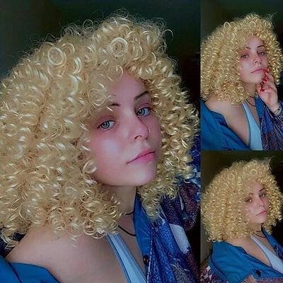Weiche und stilvolle 14-Zoll-blonde Afro-Lockenperücke für Frauen – perfekt für 70er-Jahre- und krauses lockiges Haar – Kunstfasermaterial für langanhaltenden Tragekomfort