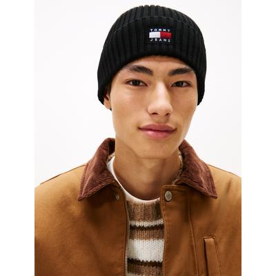 Beanie TOMMY JEANS "TJM HERITAGE CORE", Herren, schwarz, Strick, Baumwolle, Mützen Beanie, Rippstrick, Umschlag, normale Passform