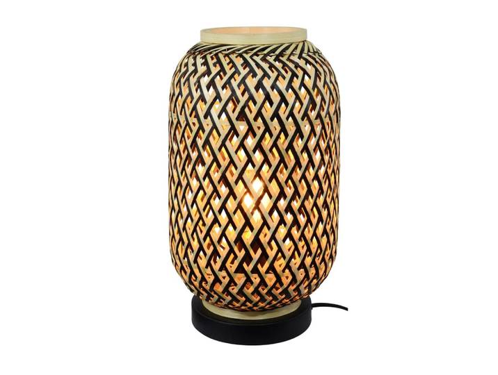 Lampe base métal noir & abat-jour tressé en bambou noir et naturel