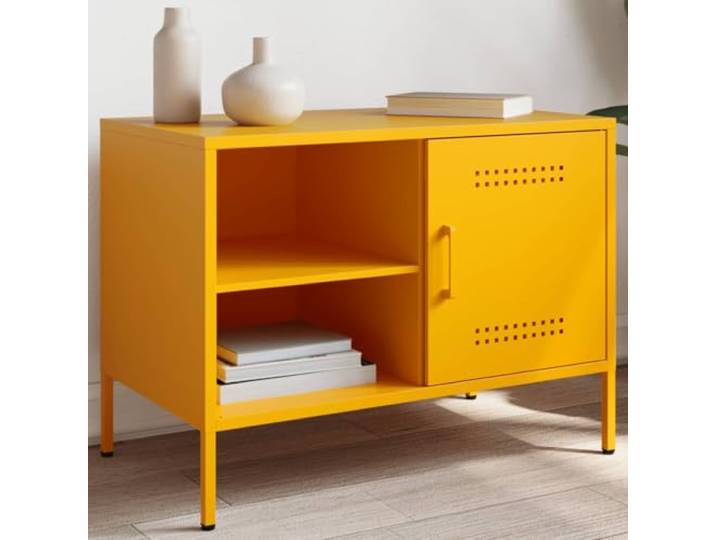 HEFZGDB TV-Schrank Senfgelb 68x39x50,5 cm Stahl Industrie-Stil mit Stauraum Fach und offenen Ablagen für Wohnzimmer
