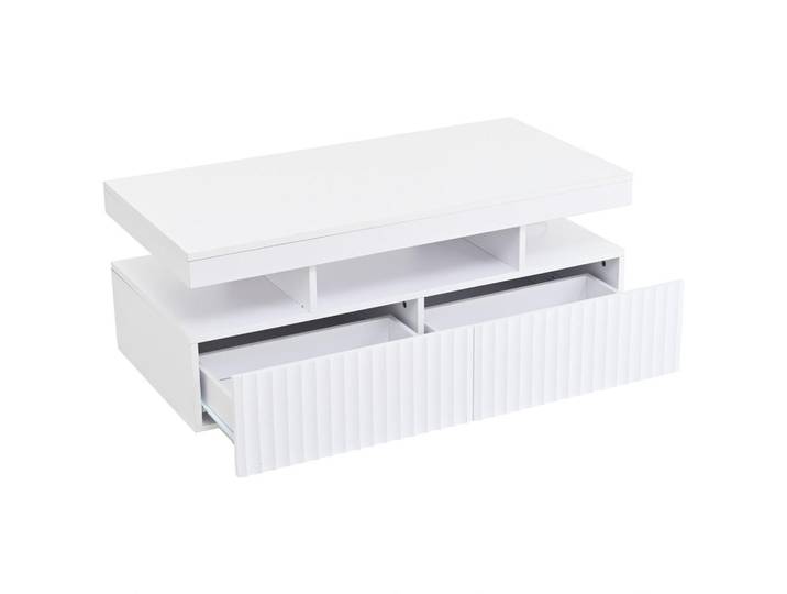 ComfortXL Couchtisch De-37112 mit vertikalen Streifen, 2 Schubladen und LED Weiß, 50x45x100 cm, Wohnzimmer, Wohnzimmertische, Couchtische