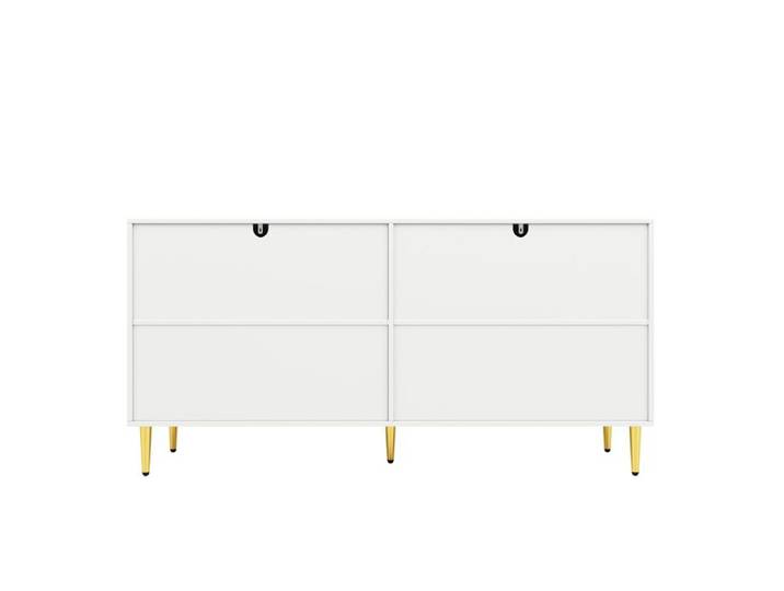 Buffet bas blanc en MDF – 4 portes ondulées détails dorés – 152 x 40 x 75 cm