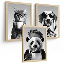 POSTER 3er Set Lustige Tiere Schwarz Weiß Wandbilder Katze Dalmatiner und Panda Koch Küche Wanddeko Rahmenlos A3