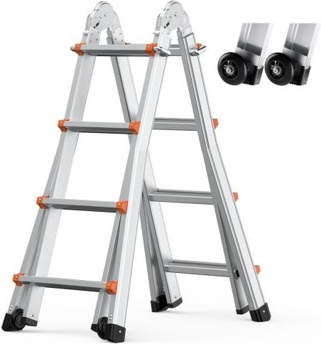 VEVOR A-frame telescopische aluminium ladder, zilver, 467 cm, draagvermogen 150 kg