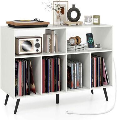 Large Record Player Stand Vinyl Record Holder w/ Power Outlet