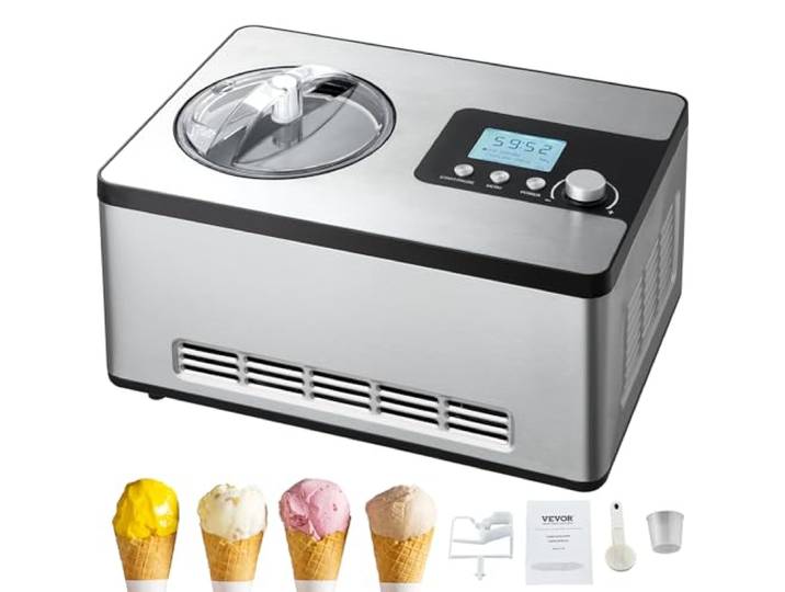 VEVOR Kompressor Eismaschine Eiscrememaschine 2 L, 180 W Frozen Joghurtbereiter Speiseeismaschine 3 Modi Joghurtmaschine Haushalt, Tragbare Eismaschine Sorbet Gelato Geräuscharm Silber Elektrisch