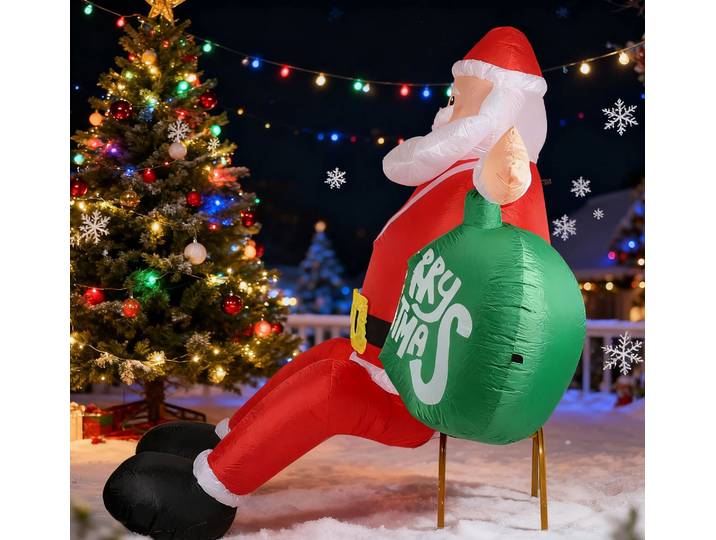 Décoration de noël gonflable, père noël assis tenant un sac vert, idéal pour le jardin et la cour, modèle gonflable décoratif