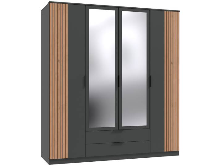 Drehtürenschrank WIMEX Lübeck , schwarz (front und korpus graphit, absetzung akustiklamellen, nachbildung in artisan eiche nachbildung), B:180cm H:199cm T:58cm, Holzwerkstoff, Schränke, Drehtürenschrank, Akustiklamellen Optik, mit Spiegeltüren, 135 oder 180cm breit