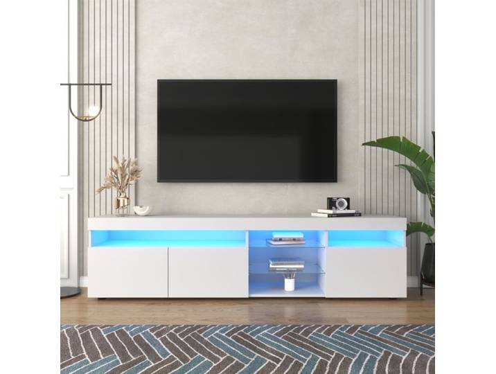 Meuble TV Moderne avec Lumineuse LED Blanc Etagère en verre 3 Portes Buffet Meuble de Rangement pour Salon et Chambre 180x35x45 cm