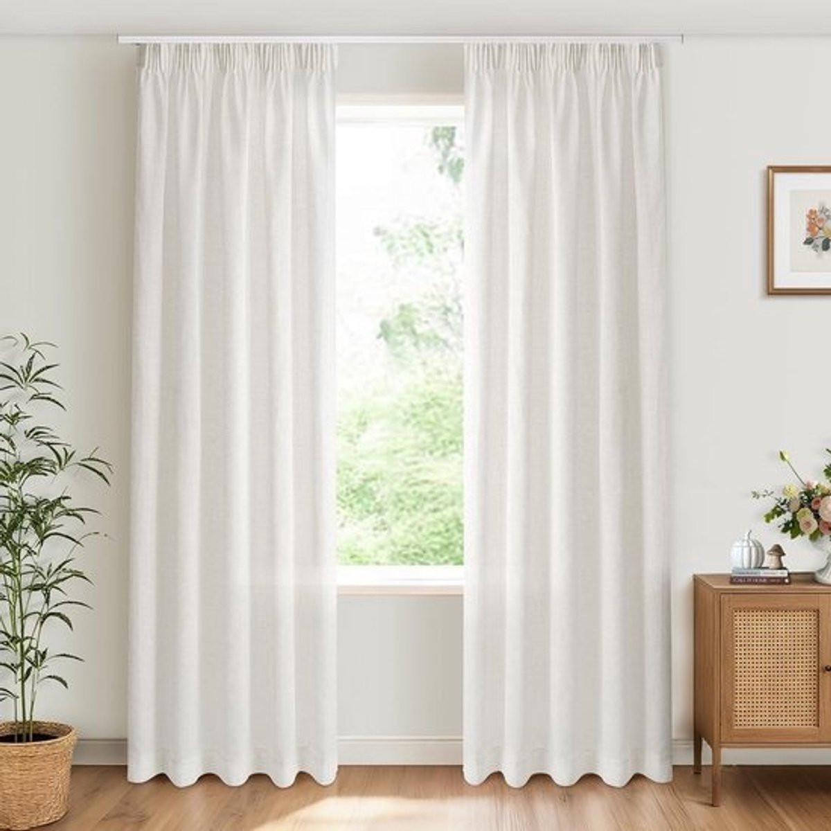 Set van 2 lichtdoorlatende gordijnen met plooiband in linnenlook wit, semi-transparant