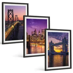 BILDER SET 3er Set - 40x60 cm Schwarzer Rahmen - Brücken, Sonne, Stadtblick