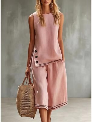 Lush Living Finds Breezy Luxe Cotton Linen Set For Women Sleeveless Vest And Wide Leg Capri Pants pink s