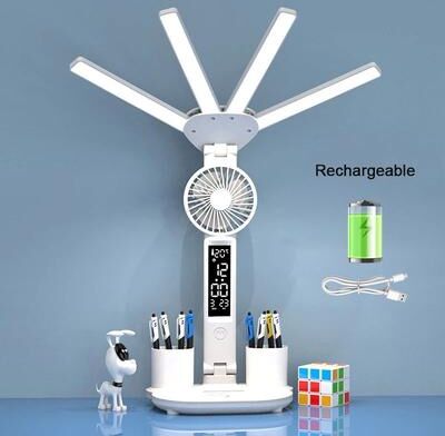 Uplift Treasures Rechargeable LED Desk Lamp With Fan And Clock Display fan Charging