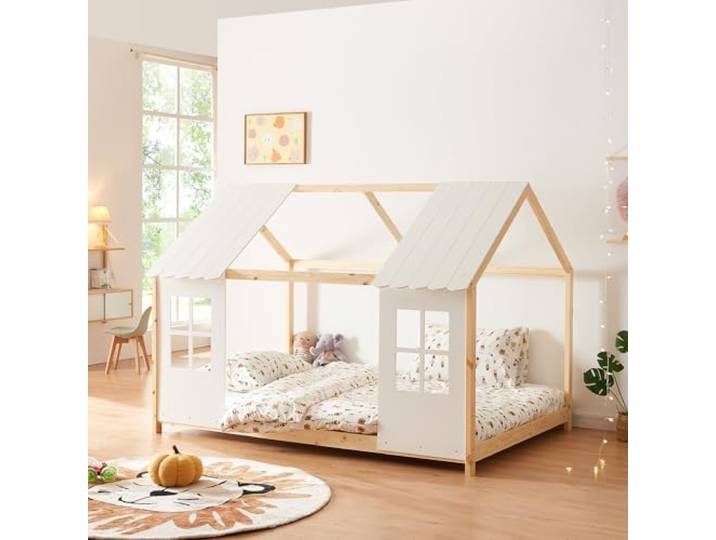 [en.casa] Kinderbett Tostedt Hausbett Jugendbett Bettenhaus Halboffenes Design Montessori Bett aus massiver Kiefer Bettgestell Holz 140x200cm Holz/Weiß