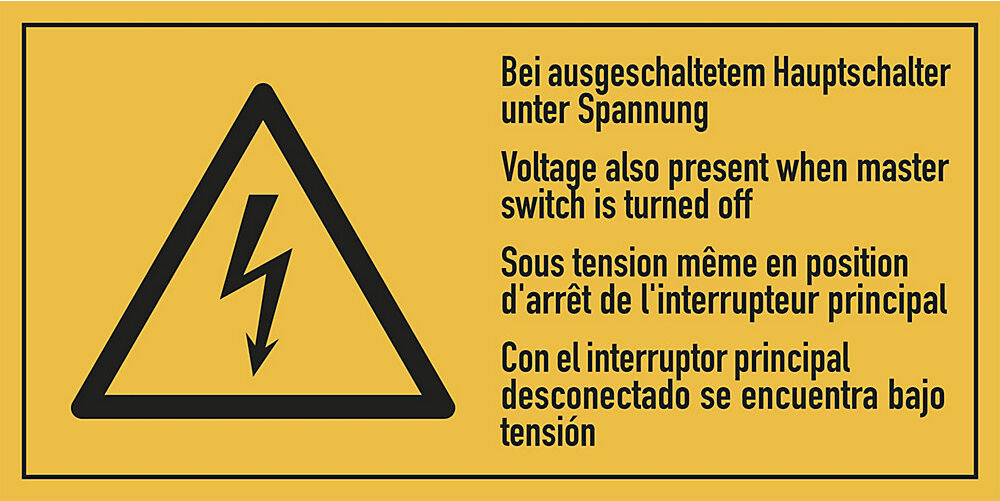 kaiserkraft Mehrsprachige Kombischilder mit Text für Elektroeinsatzbereiche, Bei ausgeschaltetem Hauptschalter unter Hochspannung, VE 10 Stk, Folie, LxH 100 x 50