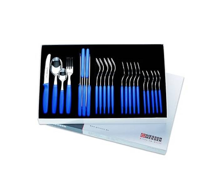 Giesser Messer - Made in Germany - Besteck Set 24 Teile, Tomatenmesser, Gabel, Esslöffel, Teelöffel, Griffe aus PP-Kunststoff, Besteck Oberteile aus rostfreien Edelstahl (Blau)