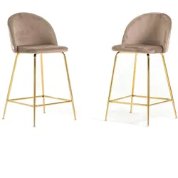 RATTATAN Set aus 2 Barhockern mit Samtpolsterung, Metallbeinen, H.65 cm – modernes elegantes Design – Sara XL – Tórtola/Gold