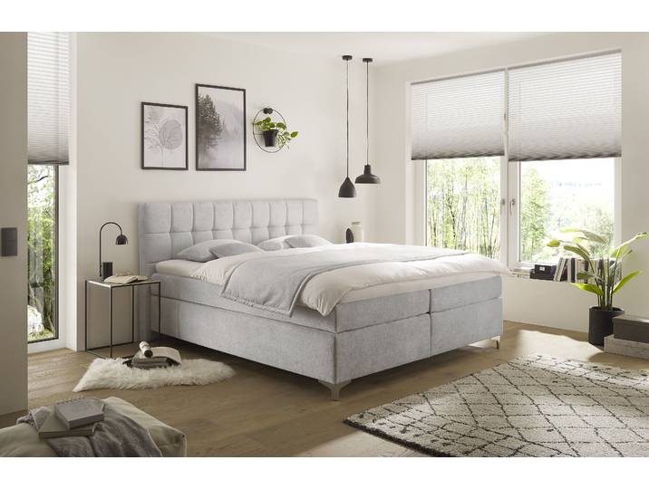 Boxspringbett HAPO Neyla erhältlich in den Breiten 100, 160, 180 & 200cm , grau (hellgrau), B:191cm L:200cm, Komplettbetten, Boxspringbett, in verschiedenen Matratzenqualitäten, Härtegraden und Farben verfügbar
