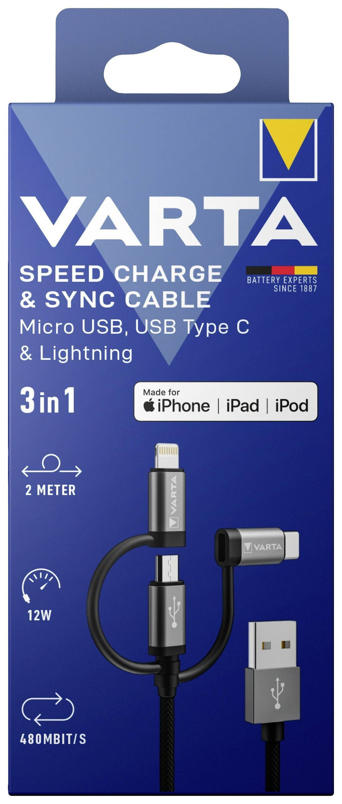 Varta 57937 101 111 Sneloplaad- en synchronisatiekabel 3-in-1 USB, 2 meter, zwart
