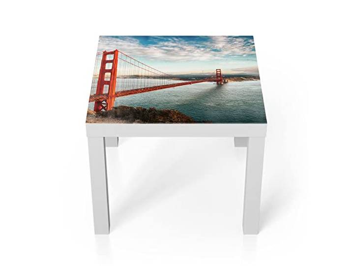DEQORI Glastisch weiß klein 55x55 cm Motiv Golden Gate Bridge ausgefallener Beistelltisch aus Glas Hochglanz Couchtisch fürs Wohnzimmer moderner Couch Tisch mit Design
