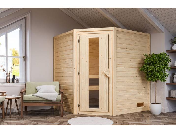 Woodfeeling Sauna Mia (Eckeinstieg), Holztür mit Isolierglas, wärmegedämmt, bronziert, Ofen 9 kW integr. Steuerung
