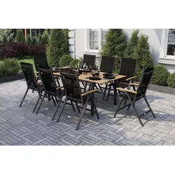 OUTFLEXX Garten-Essgruppe, anthrazit matt, Alu / Teak / Textil, Tisch 150/210x90cm, 8 Klappstühle