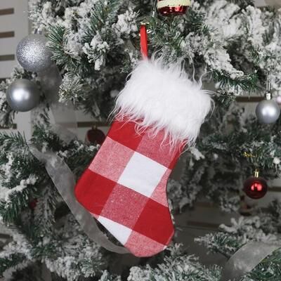 Inspired Deals Plaid Plush Christmas Stocking Gift Bag And Hanging Christmas Tree Decoration red And White