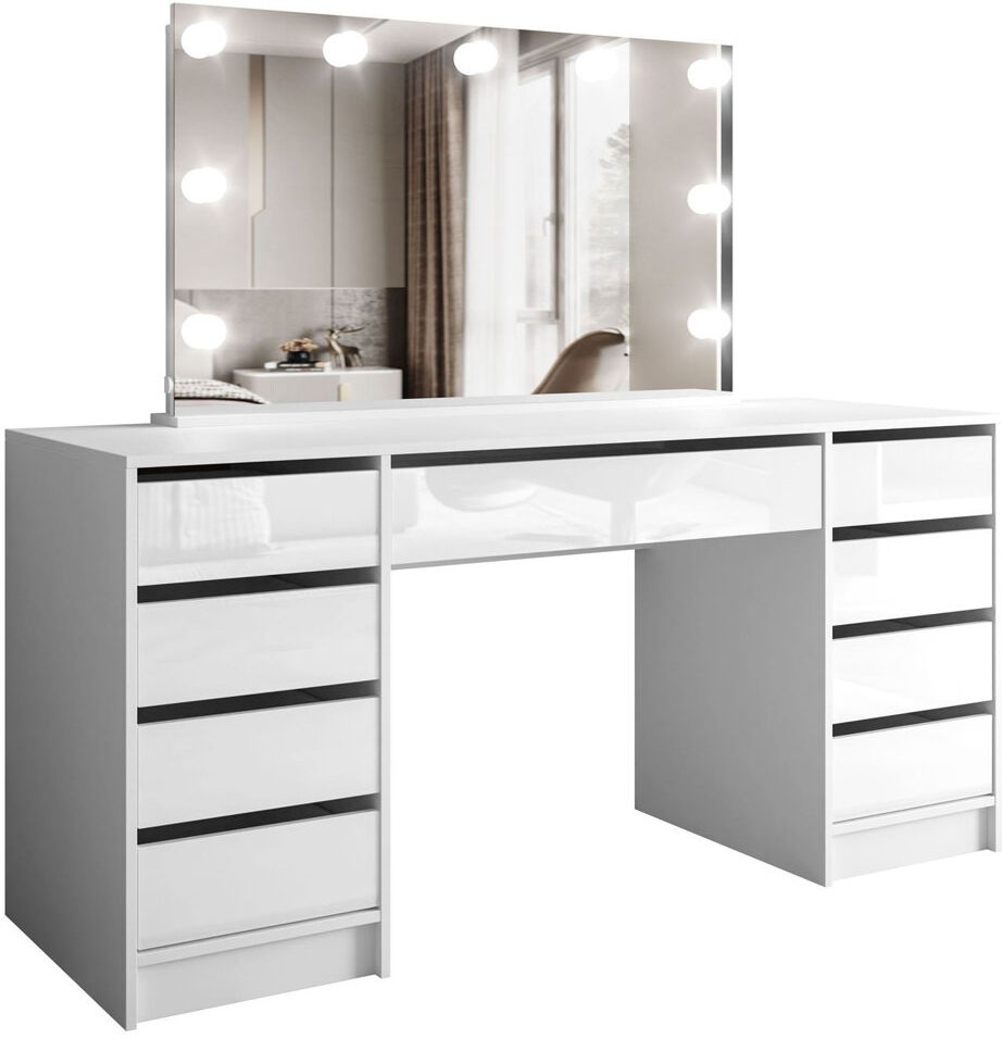 Ebern Designs Dressing Table with Mirror White Gloss 142cm H X 152cm W X 55cm D