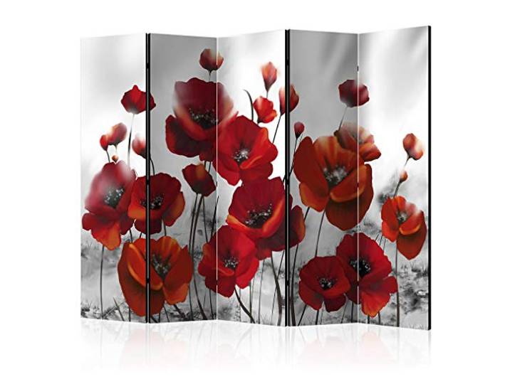 decomonkey Paravent Raumteiler Innen Mohnblumen, 225x172 cm, 5-teilig Einseitig, Blumen, Wohnzimmer, Room Divider, Wall, Raumteiler Stehend, Trennwand, Sichtschutz, Spanische Wand, Holz