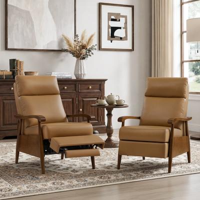 Velocisca Leather Push-Back Recliners Set of 2, Mid-Century Modern Recliner Chairs with Solid Wood Arms