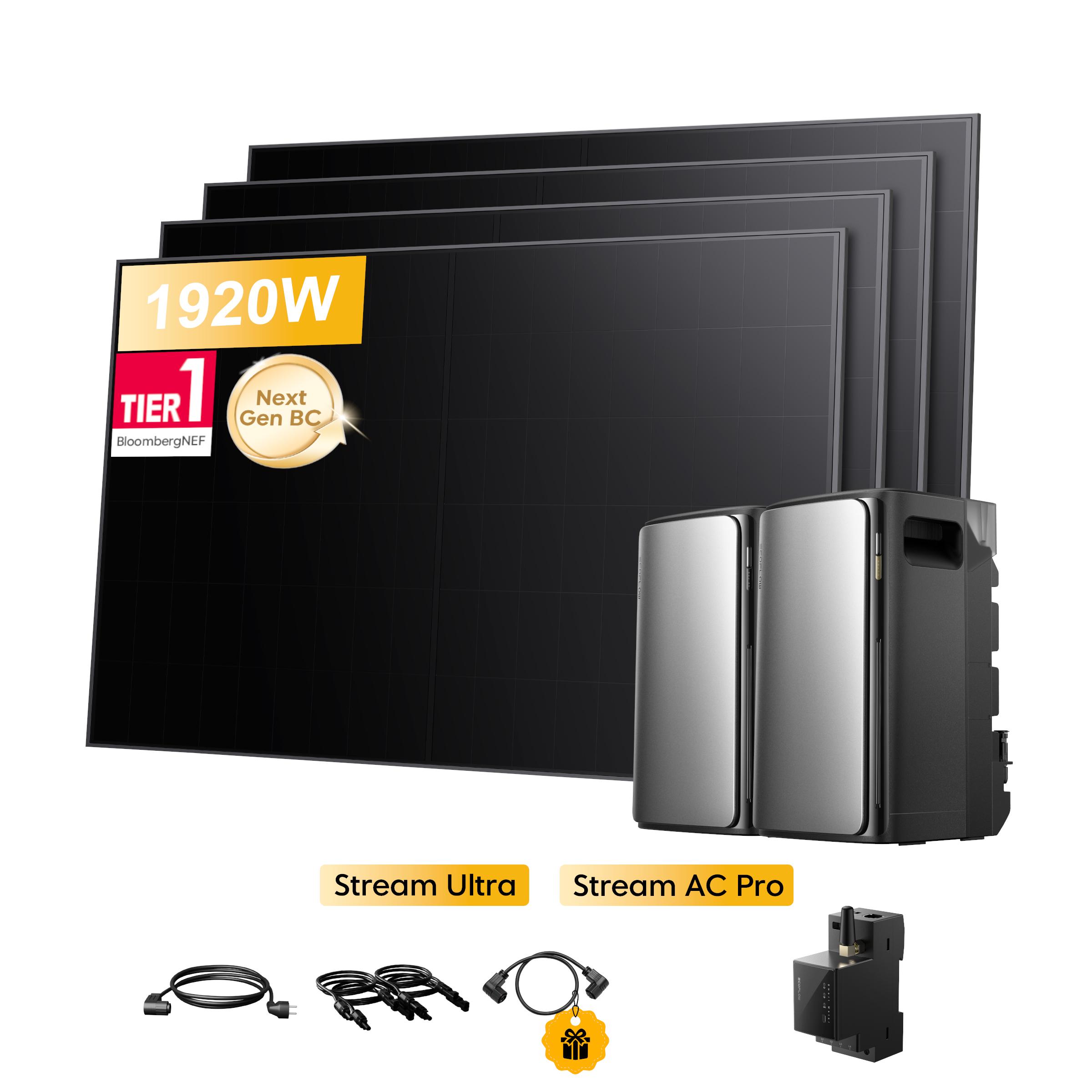 Balkonkraftwerk mit Speicher 3840Wh, EcoFlow Stream Ultra All-in-One Speicher mit Stream AC Pro,Smarten Zähler Sunpro 1920W Solarmodule für Balkonkraf