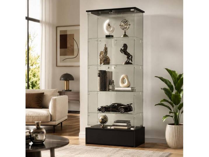 FUFU&GAGA Glasvitrine LED Sammlervitrine 175-200cm hoch, Push-to-Open, Weiß/Schwarz