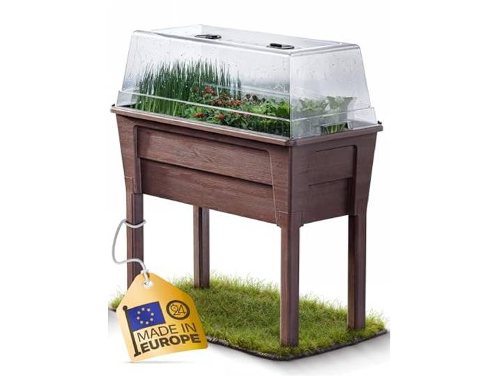 Ondis24 Garten Hochbeet Blumenkübel Victoria für Balkon, Pflanzkasten mit Gewächshaus, Volumen 50 L, Wasserspeicher, Tröpfchenbewässerung, abnehmbare Füße, Outdoor geeignet (1, Braun)
