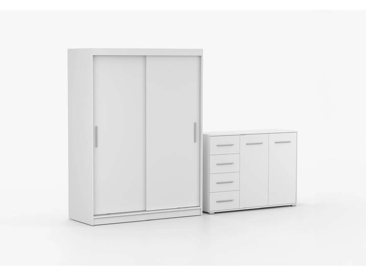 Schwebetürenschrank und Kommode 2-er Set VISTA 04/FRIDA 01 Weiß Weiß