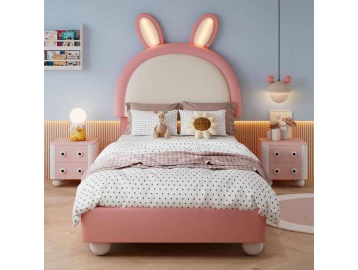 Lit enfant - KOMHTOM - Capitonné Lapin - 90x200 cm - Similicuir - LED intégrée