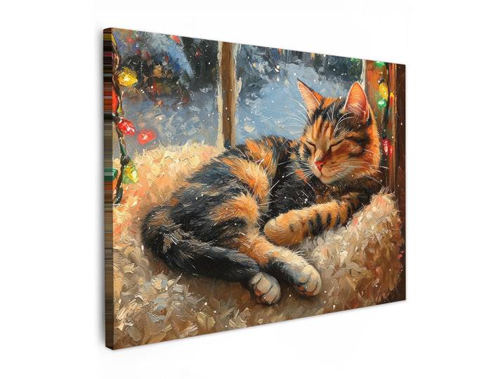 MuchoWow Leinwandbild - Katze - Weihnachten - Winter - Tier - 80x60 - Malerei, Bernsteinfarben, Textil, Kiefer, Abstrakt, Rechteckig, 80x60 cm, gerahmt, Bilder & Rahmen, Bilder, Wandbilder