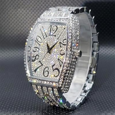 Youfap Market Diamond Silver Iced Out Quartz Watch, Stainless Steel Men's Watches Luxury, Big Dial Top Brand Waterproof silver