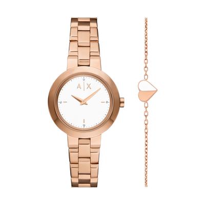 Quarzuhr ARMANI EXCHANGE, roségoldfarben, weiß, Armbanduhren, Damen, Quarzuhr, Armbanduhr, Damenuhr, Edelstahlarmband, Ideal auch als Geschenk