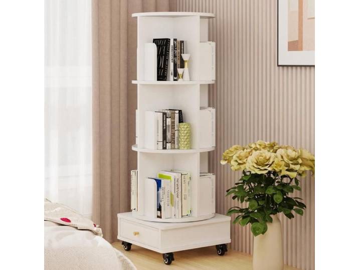 Bibliothèque rotative à trois étagères 360° - avec tiroirs en tissu sur roulettes 40x40x110cm-XJING