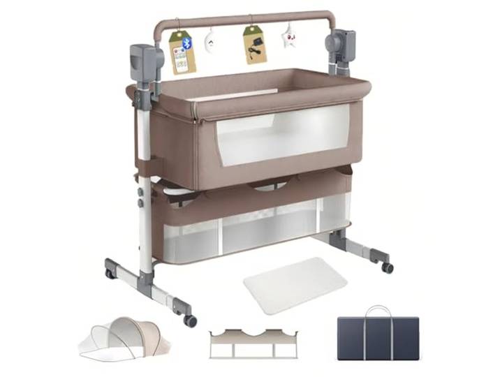 Aveainelle Babybett und Multifunktionales Kinderbett, Faltbare und Umwandelbare Babywiege, Verstellbare Beistellbett, Co-Sleeping Babybett und Rollen (Khaki)