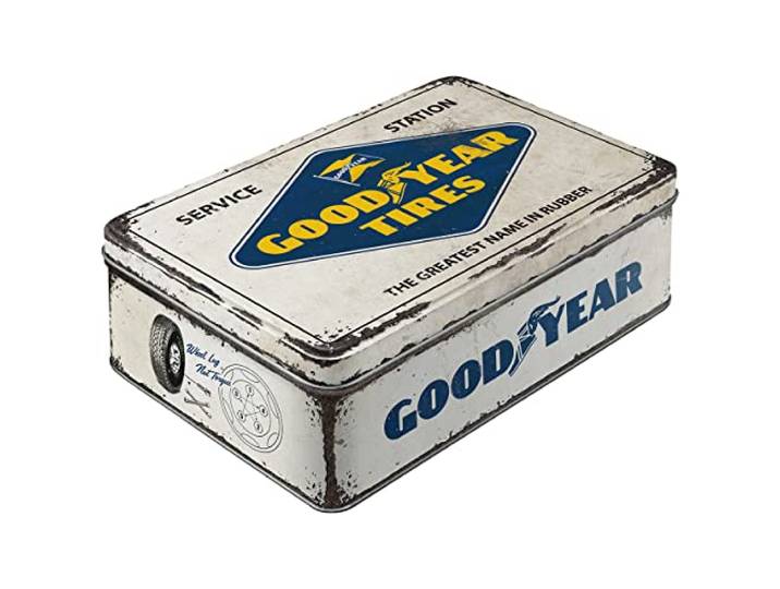 Nostalgic-Art Retro voorraadblik plat, Goodyear – Logo White – Geschenkidee voor auto- en motorfans, Blik met deksel, Vintage design, 2,5 l