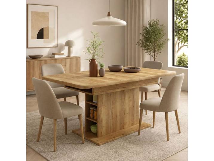 URTR Table à manger rectangulaire extensible 110/130x70x75cm - Rangement avec compartiments ouvert - Panneaux de particules - Nature